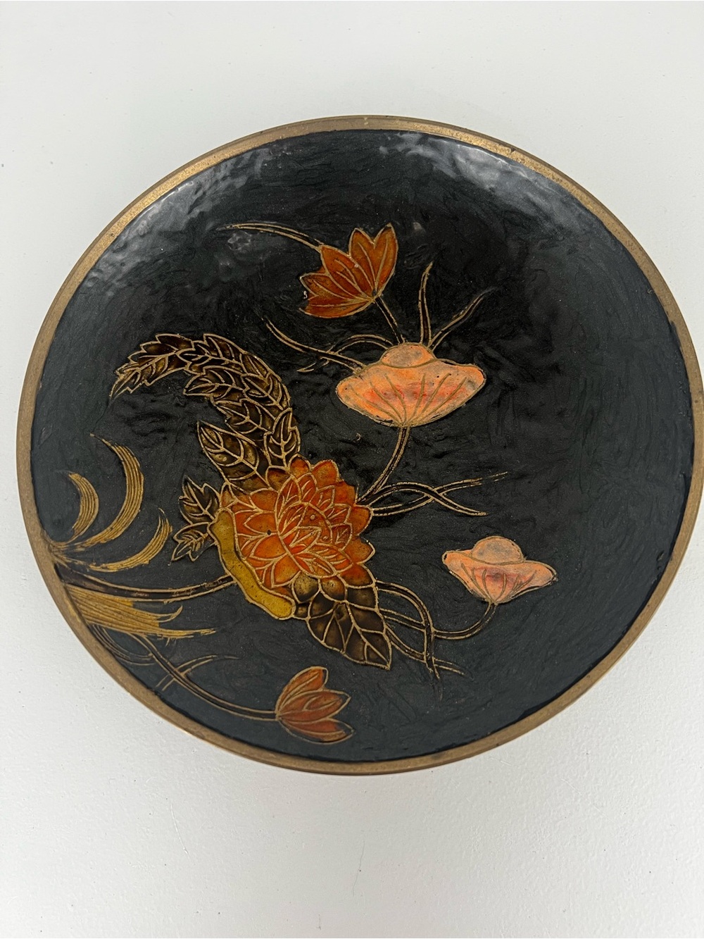 Vintage Brass Champleve Enamel Pedestal Dish 7.5"